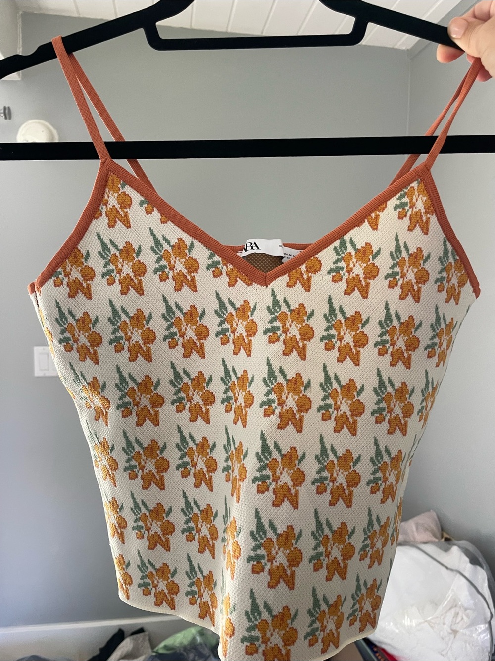 Zara Floral Knit Crop Cami in Cream and Rust